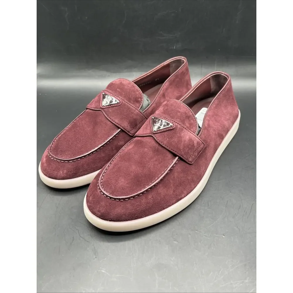PRADA Suede Slip-On Loafers Logo Dress Shoes Men Prada Shoes Burgundy NWOTB READ